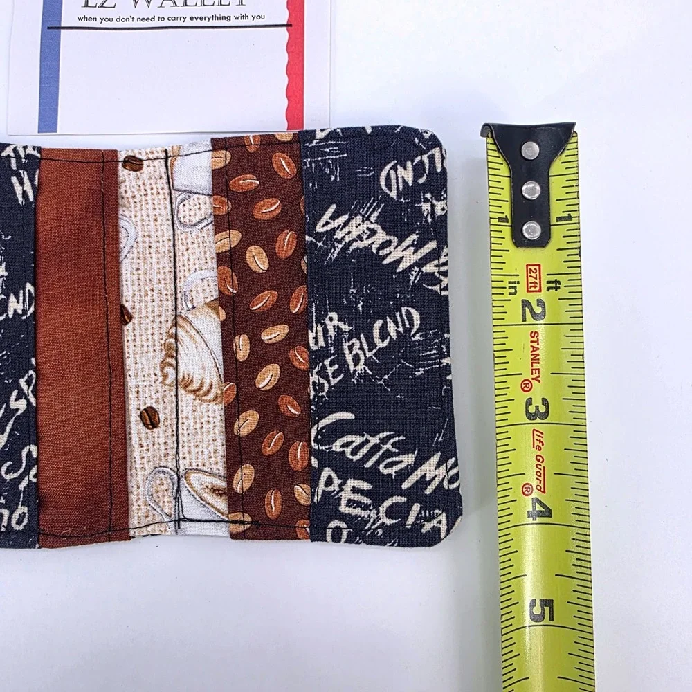 EZ Wallet Coffee Print Fabric Slim Bifold Card Holder Navy Brown Barista Style - Picture 5 of 5